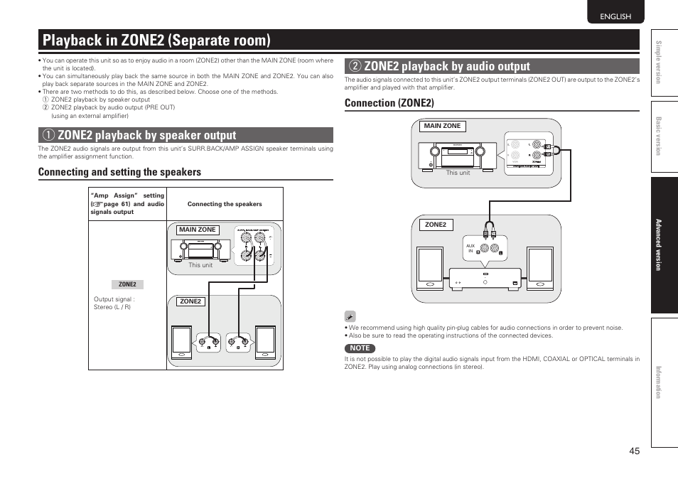 Playback in zone2 (separate room), Qzone2 playback by speaker output, Wzone2 playback by audio output | Connecting and setting the speakers, Connection (zone2) | Marantz SR6005 User Manual | Page 49 / 104