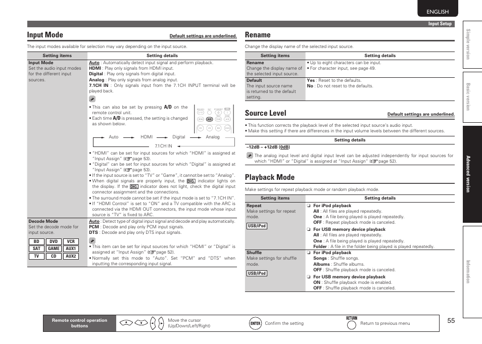 Input mode, Rename, Source level | Playback mode | Marantz SR6005 User Manual | Page 59 / 104