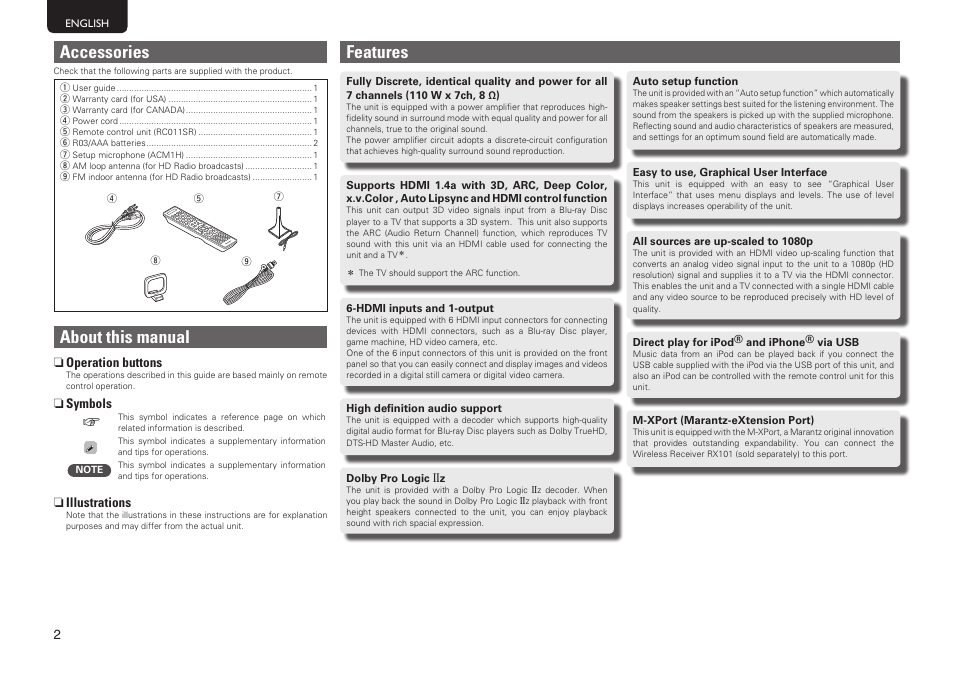 Features, Accessories, About this manual | Marantz SR6005 User Manual | Page 6 / 104