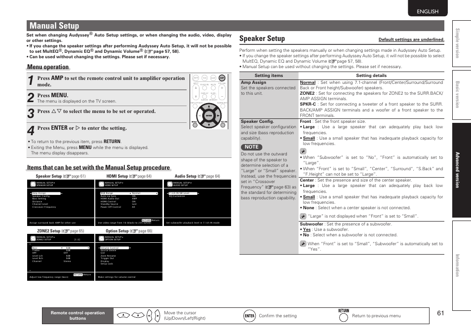 Manual setup, Speaker setup, Menu operation | Menu, Enter, Press, Press ui to select the menu to be set or operated, Or p to enter the setting | Marantz SR6005 User Manual | Page 65 / 104