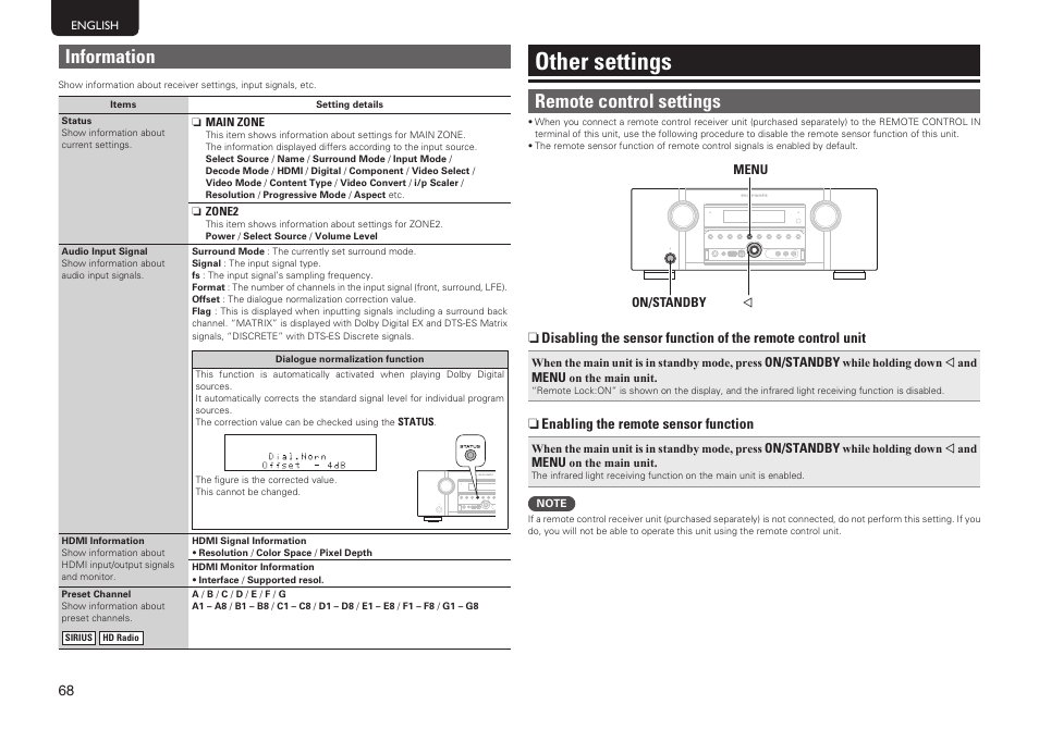 Other settings, Information, Remote control settings | Marantz SR6005 User Manual | Page 72 / 104