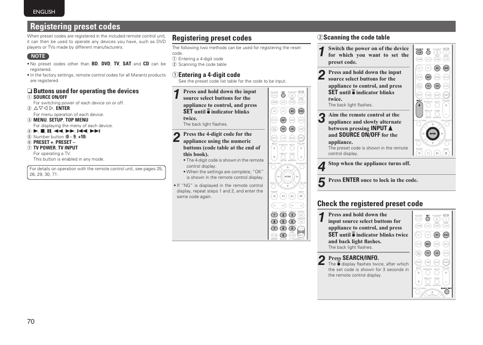 Registering preset codes, Check the registered preset code | Marantz SR6005 User Manual | Page 74 / 104