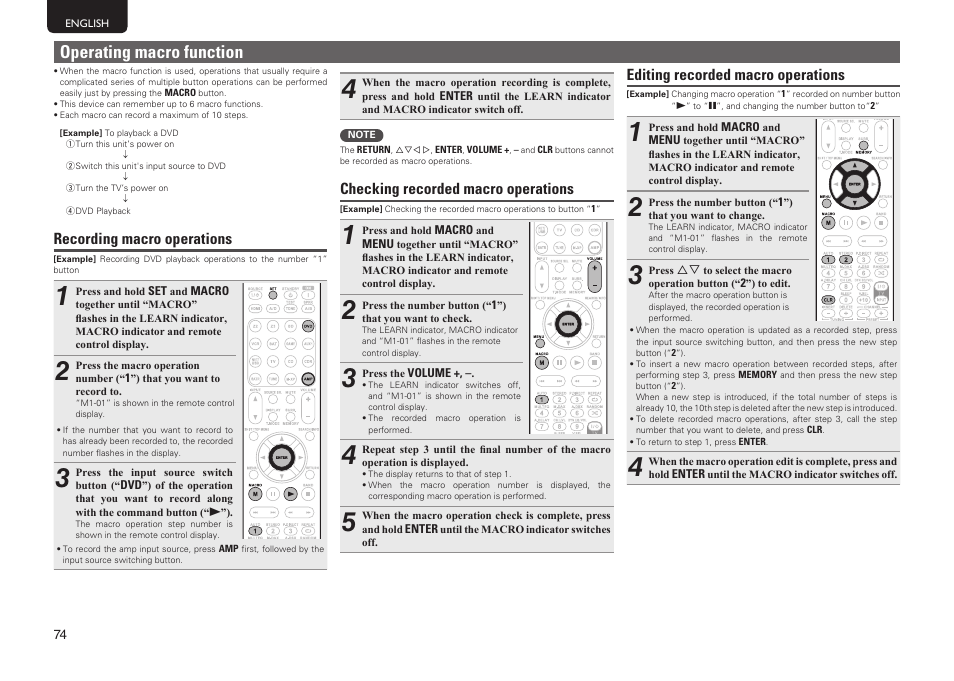 Operating macro function, Recording macro operations, Checking recorded macro operations | Editing recorded macro operations | Marantz SR6005 User Manual | Page 78 / 104