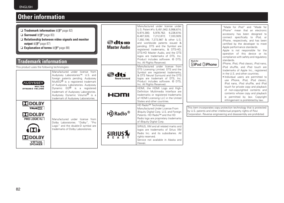 Other information, Trademark information | Marantz SR6005 User Manual | Page 86 / 104