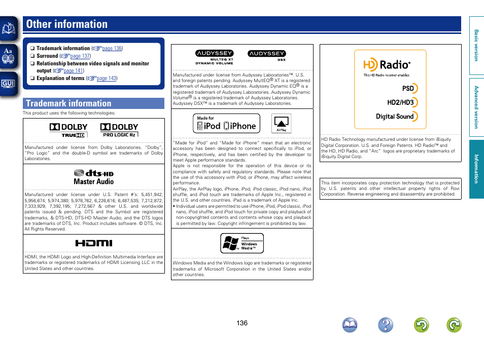 Other information, Trademark information | Marantz SR6006 User Manual | Page 139 / 159