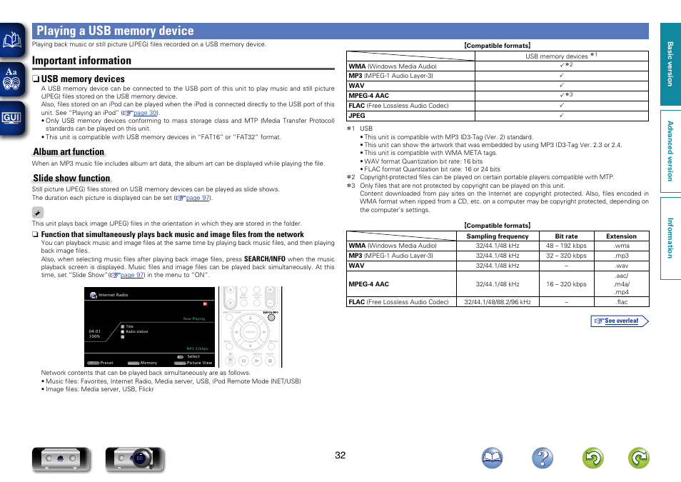 Playing a usb memory device, Important information, Album art function | Slide show function | Marantz SR6006 User Manual | Page 35 / 159