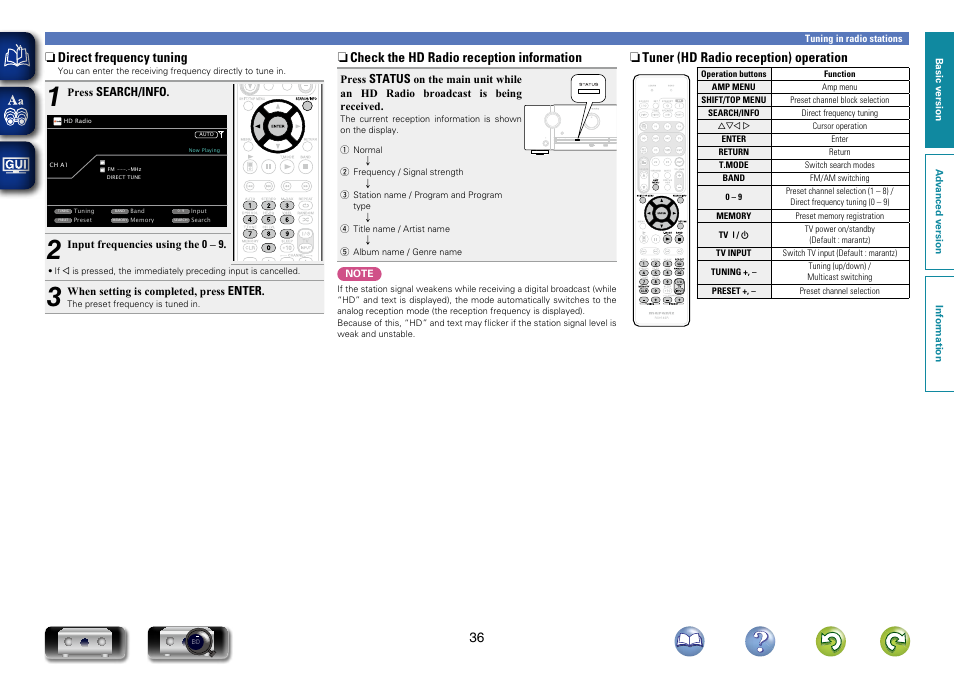 N direct frequency tuning, N check the hd radio reception information, N tuner (hd radio reception) operation | Marantz SR6006 User Manual | Page 39 / 159