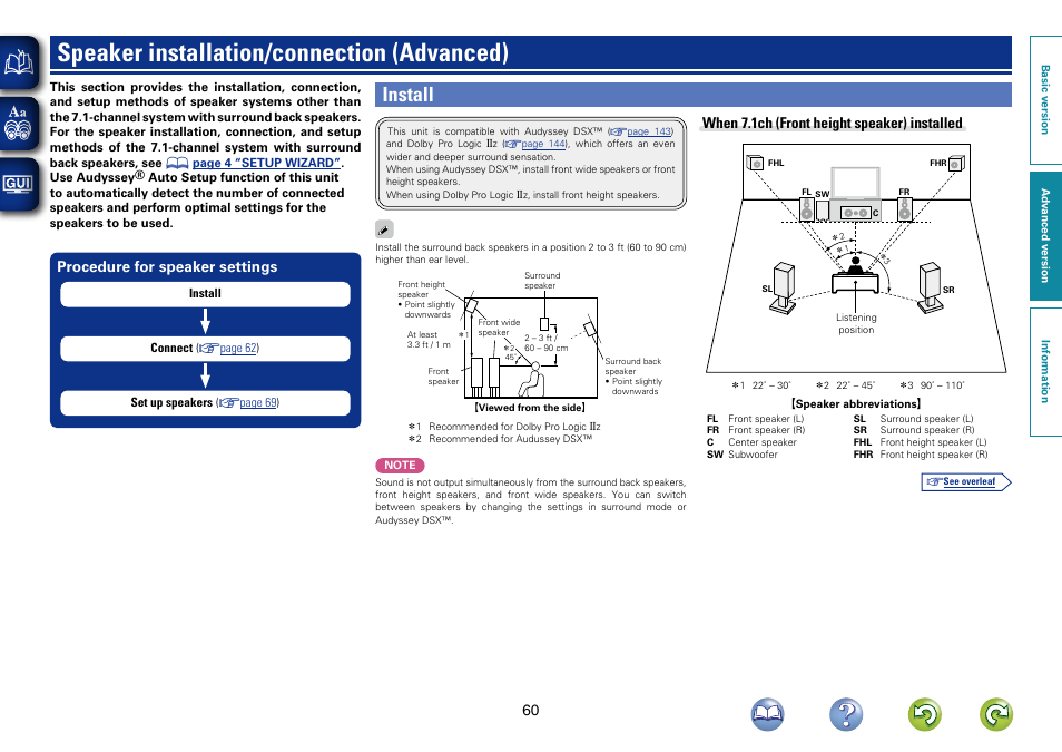 Speaker installation/connection (advanced), Install, Procedure for speaker settings | When 7.1ch (front height speaker) installed | Marantz SR6006 User Manual | Page 63 / 159