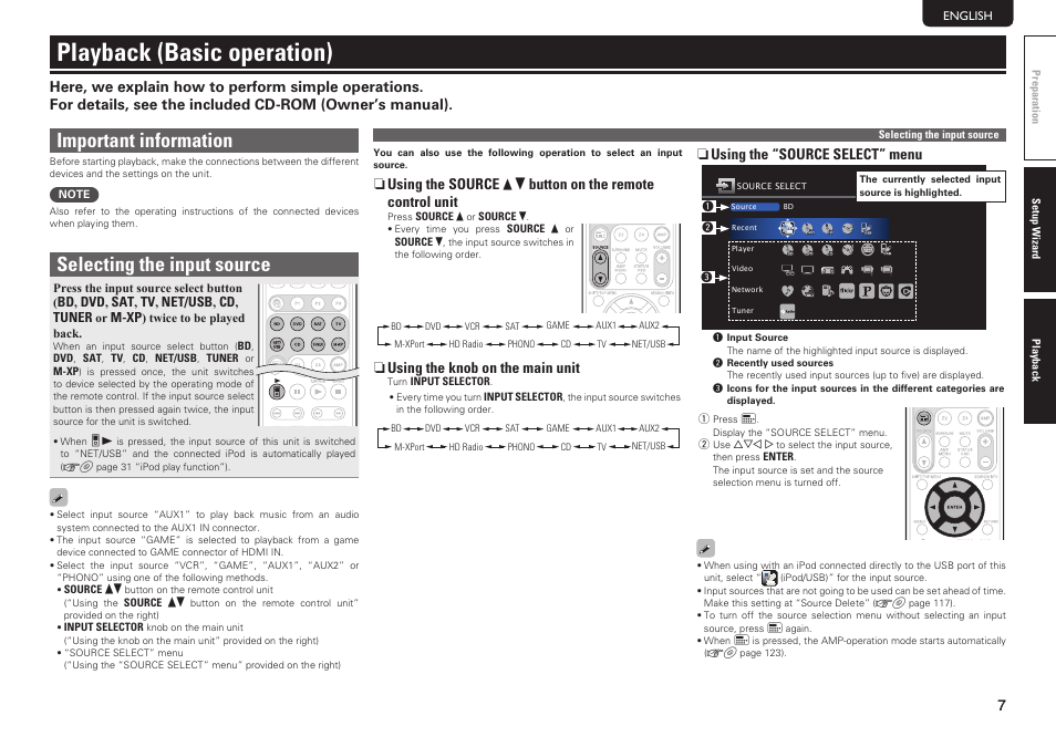 Playback (basic operation), Important information, Selecting the input source | Marantz SR6006 Getting Started User Manual | Page 10 / 15