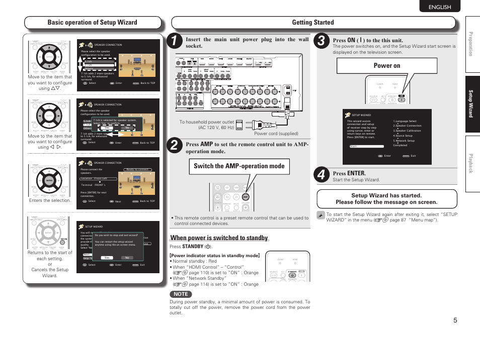 Basic operation of setup wizard, Getting started, Switch the amp-operation mode | Power on, When power is switched to standby, Enter | Marantz SR6006 Getting Started User Manual | Page 8 / 15