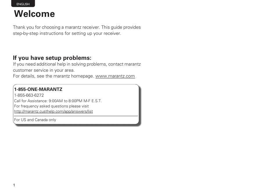 Welcome, If you have setup problems | Marantz SR6007 Getting Started User Manual | Page 2 / 10