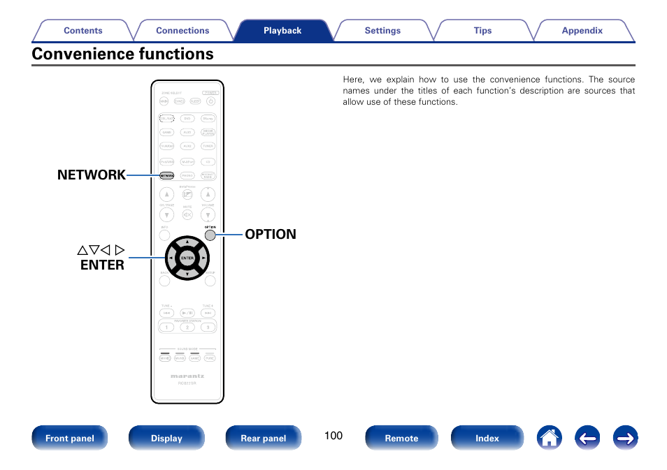 Convenience functions, Network uio p enter option | Marantz SR6008 User Manual | Page 100 / 247