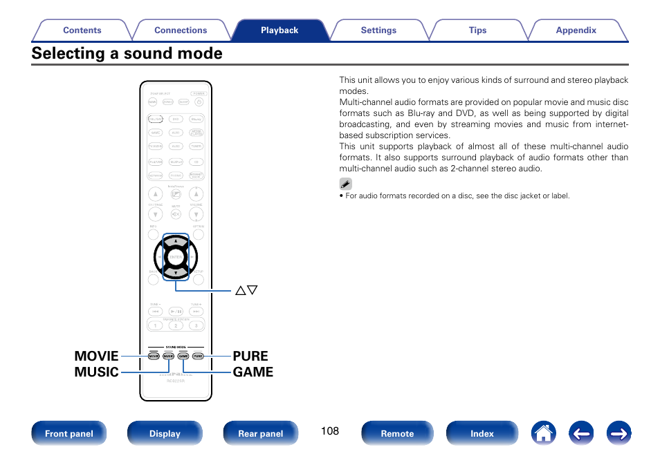 Selecting a sound mode, Pure movie music game ui | Marantz SR6008 User Manual | Page 108 / 247