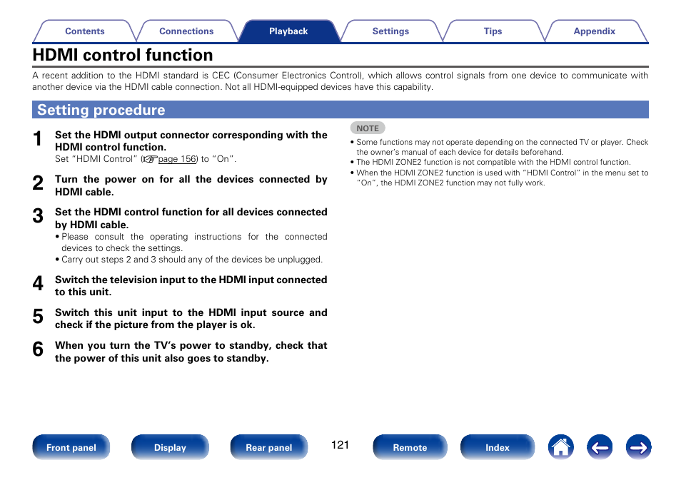 Hdmi control function, Setting procedure | Marantz SR6008 User Manual | Page 121 / 247