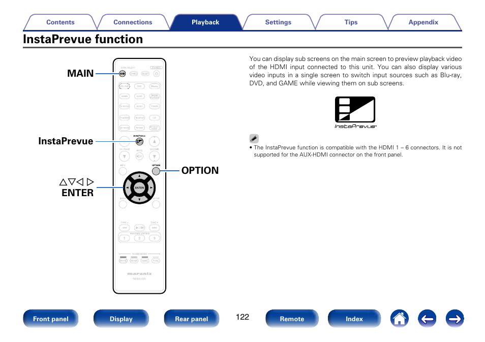 Instaprevue function, Uio p enter option main instaprevue | Marantz SR6008 User Manual | Page 122 / 247