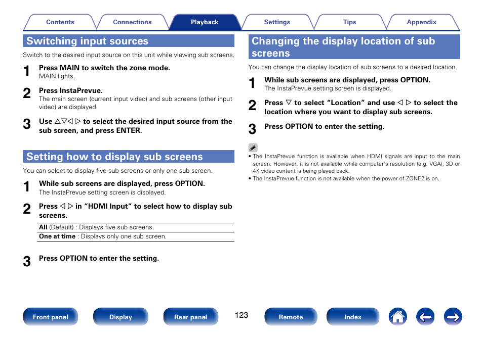 Switching input sources, Setting how to display sub screens, Changing the display location of sub screens | Marantz SR6008 User Manual | Page 123 / 247