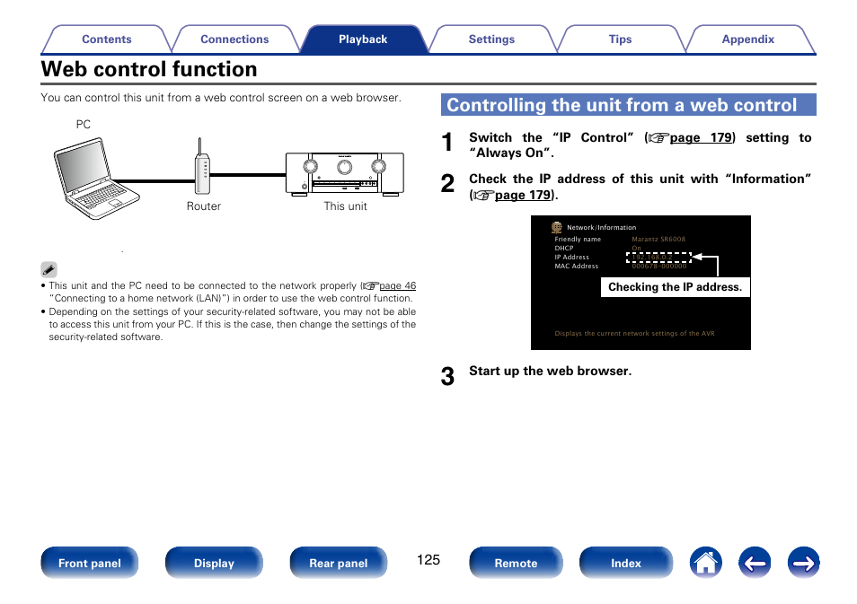 Web control function, Controlling the unit from a web control | Marantz SR6008 User Manual | Page 125 / 247