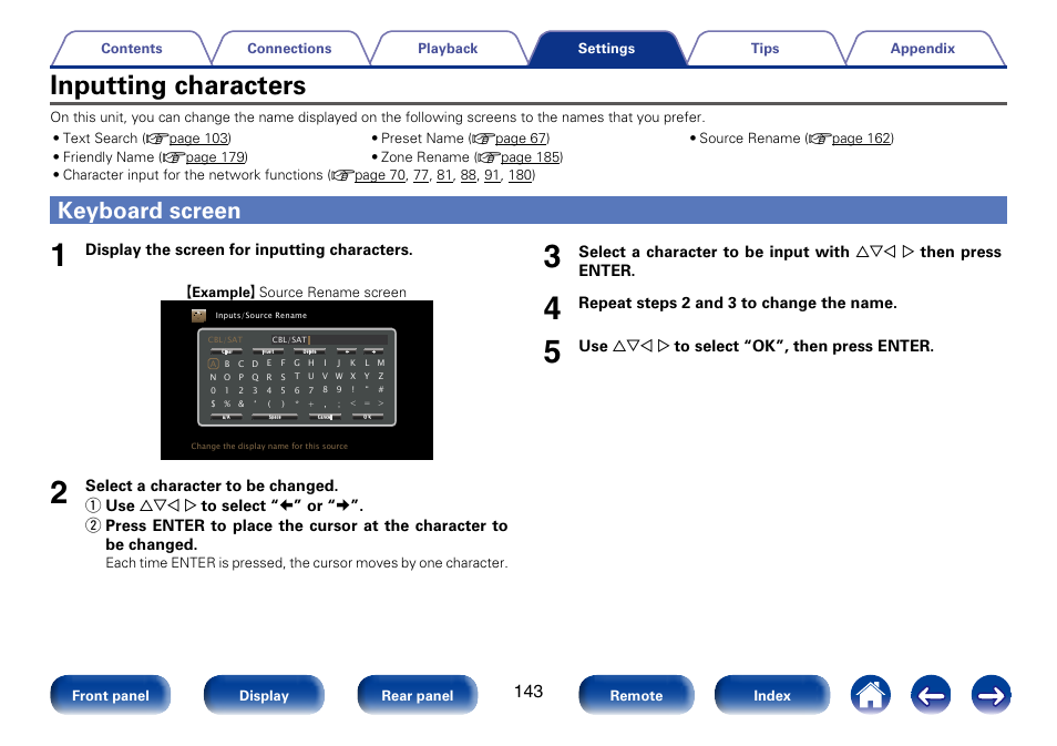 Inputting characters, Keyboard screen, Display the screen for inputting characters | Repeat steps 2 and 3 to change the name, Use uio p to select “ok”, then press enter | Marantz SR6008 User Manual | Page 143 / 247