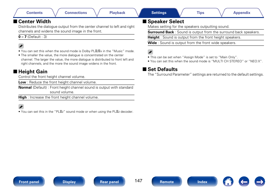 2 center width, 2 height gain, 2 speaker select | 2 set defaults | Marantz SR6008 User Manual | Page 147 / 247