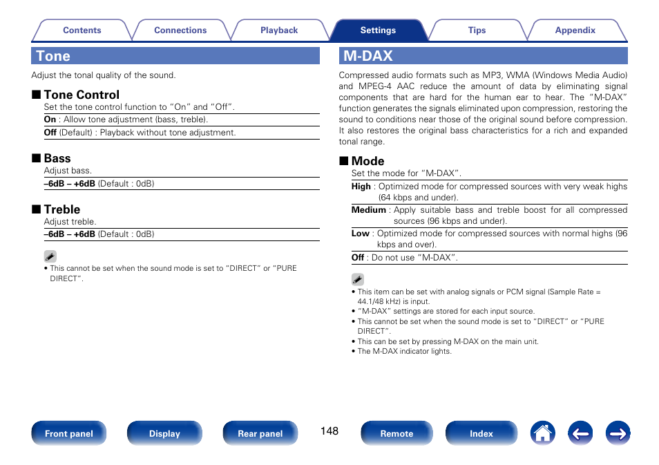 Tone, M-dax, 2 tone control | 2 bass, 2 treble, 2 mode | Marantz SR6008 User Manual | Page 148 / 247