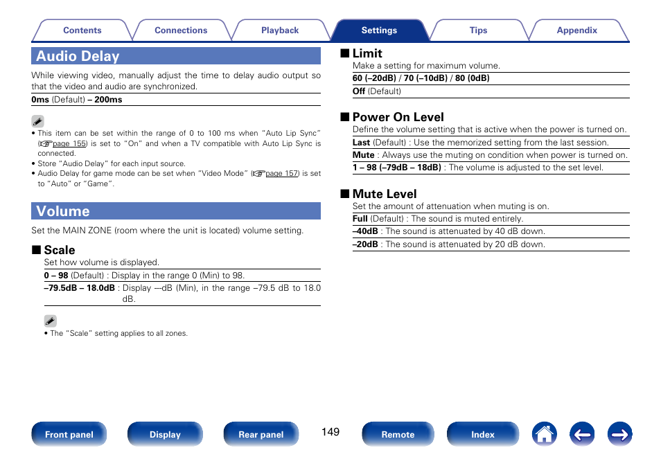 Audio delay, Volume, 2 scale | 2 limit, 2 power on level, 2 mute level | Marantz SR6008 User Manual | Page 149 / 247