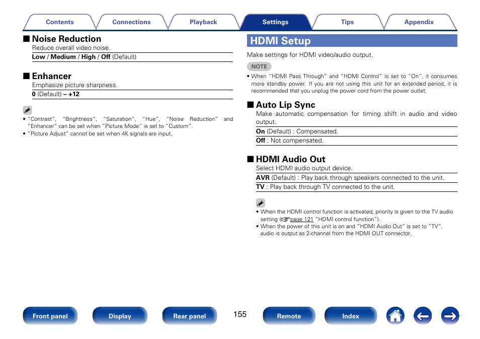 Hdmi setup, 2 noise reduction, 2 enhancer | 2 auto lip sync, 2 hdmi audio out | Marantz SR6008 User Manual | Page 155 / 247