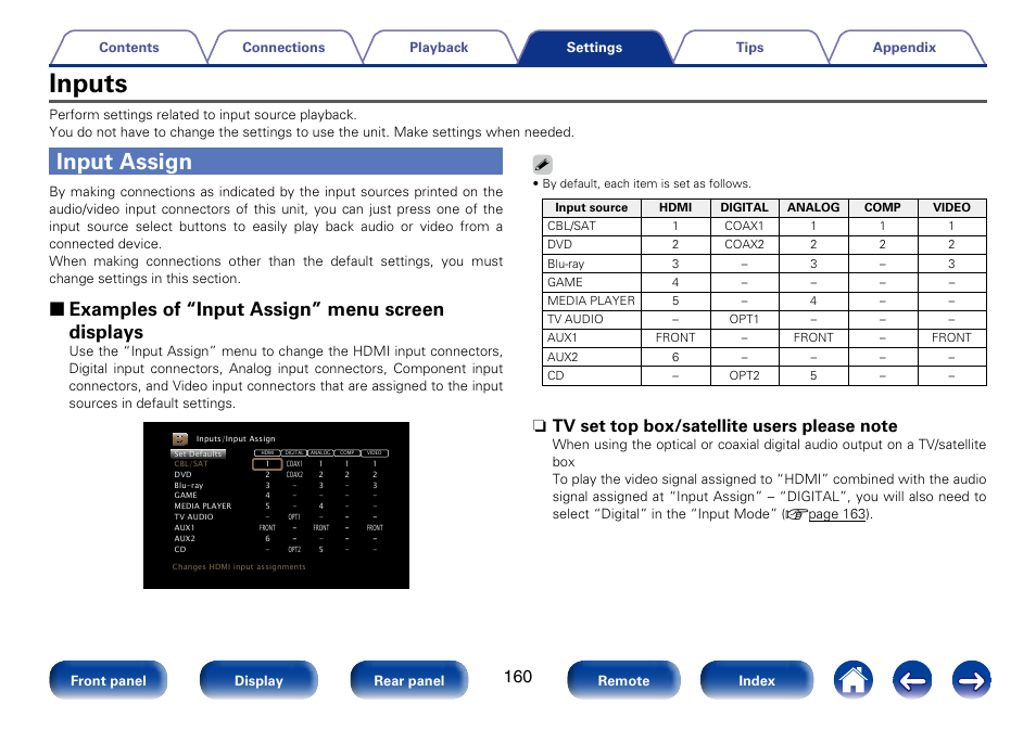 Inputs, Input assign, 2 examples of “input assign” menu screen displays | Marantz SR6008 User Manual | Page 160 / 247