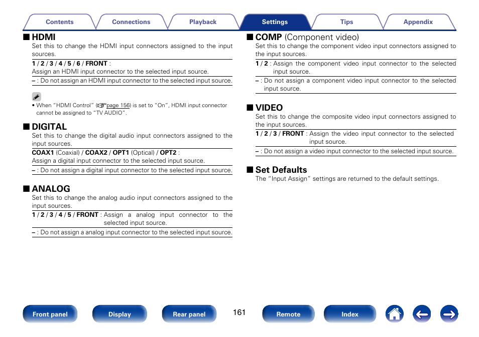 2 hdmi, 2 digital, 2 analog | 2 comp (component video), 2 video, 2 set defaults | Marantz SR6008 User Manual | Page 161 / 247