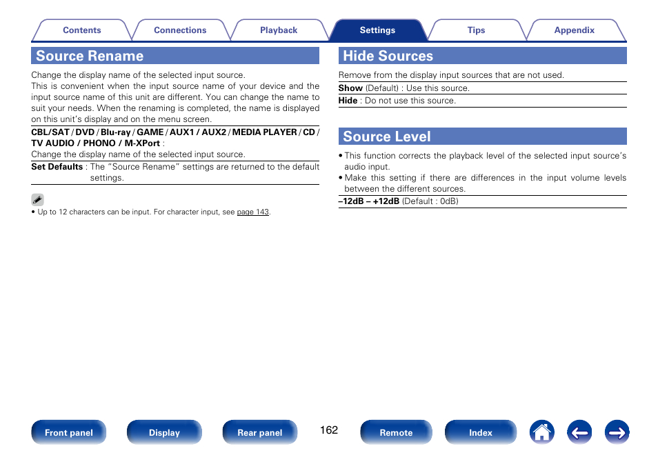 Source rename, Hide sources, Source level | Marantz SR6008 User Manual | Page 162 / 247