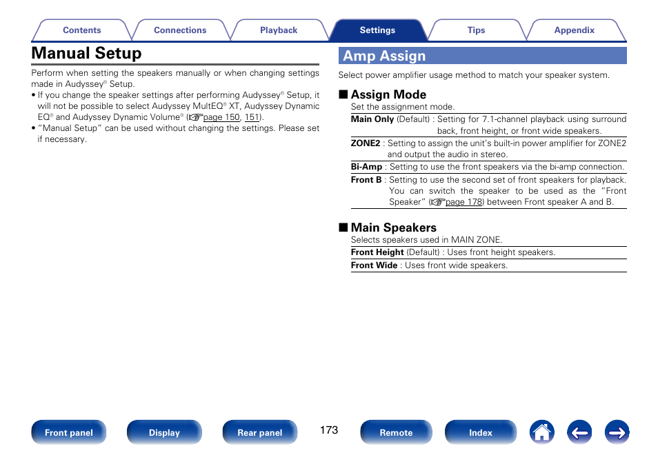 Manual setup, Amp assign, To “amp assign | 2 assign mode, 2 main speakers | Marantz SR6008 User Manual | Page 173 / 247