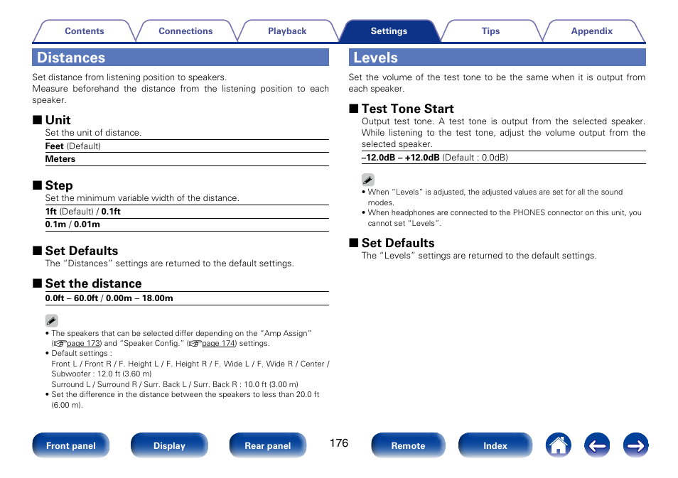 Distances, Levels, 2 unit | 2 step, 2 set defaults, 2 set the distance, 2 test tone start | Marantz SR6008 User Manual | Page 176 / 247