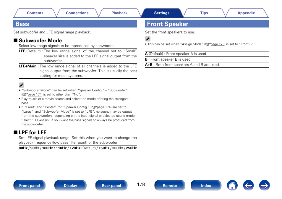 Bass, Front speaker, 2 subwoofer mode | 2 lpf for lfe | Marantz SR6008 User Manual | Page 178 / 247