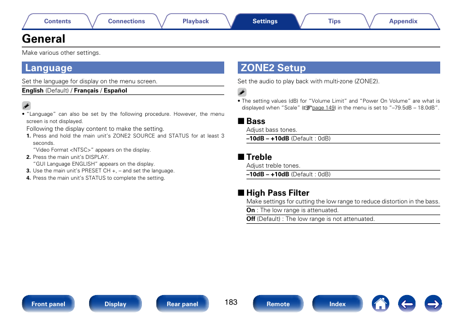 General, Language, Zone2 setup | 2 bass, 2 treble, 2 high pass filter | Marantz SR6008 User Manual | Page 183 / 247