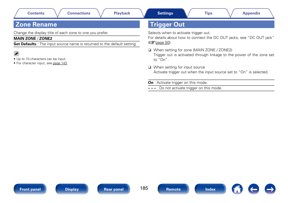 Zone rename, Trigger out | Marantz SR6008 User Manual | Page 185 / 247