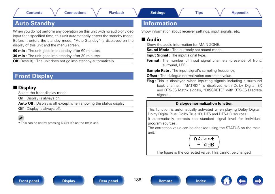 Auto standby, Front display, Information | Compression” and “dialogue normalization function, 2 display, 2 audio | Marantz SR6008 User Manual | Page 186 / 247