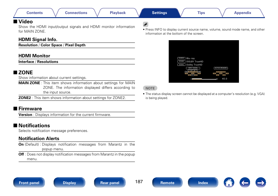 2 video, 2 zone, 2 firmware | 2 notifications, Hdmi signal info, Hdmi monitor, Notification alerts | Marantz SR6008 User Manual | Page 187 / 247