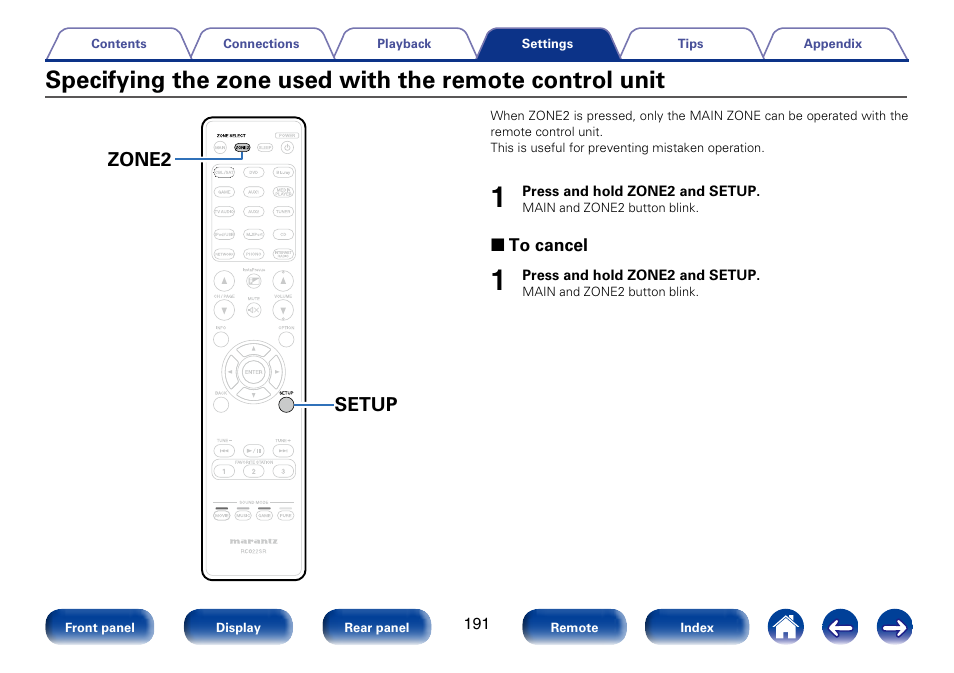 Specifying the zone used, With the remote control unit, Zone2 setup | Marantz SR6008 User Manual | Page 191 / 247