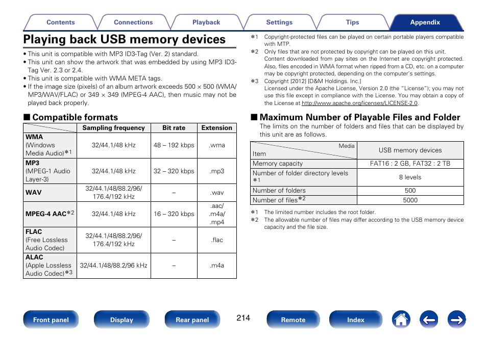 Playing back usb memory devices, 2 compatible formats, 2 maximum number of playable files and folder | Marantz SR6008 User Manual | Page 214 / 247