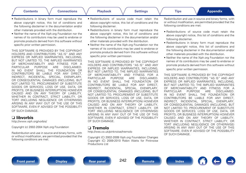 N libvorbis, N tremolo | Marantz SR6008 User Manual | Page 242 / 247