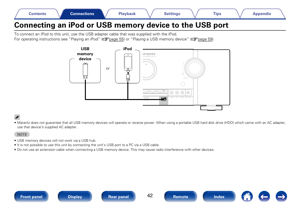 Connecting an ipod or usb memory device, To the usb port, Connecting an ipod or usb memory device to the usb | Marantz SR6008 User Manual | Page 42 / 247