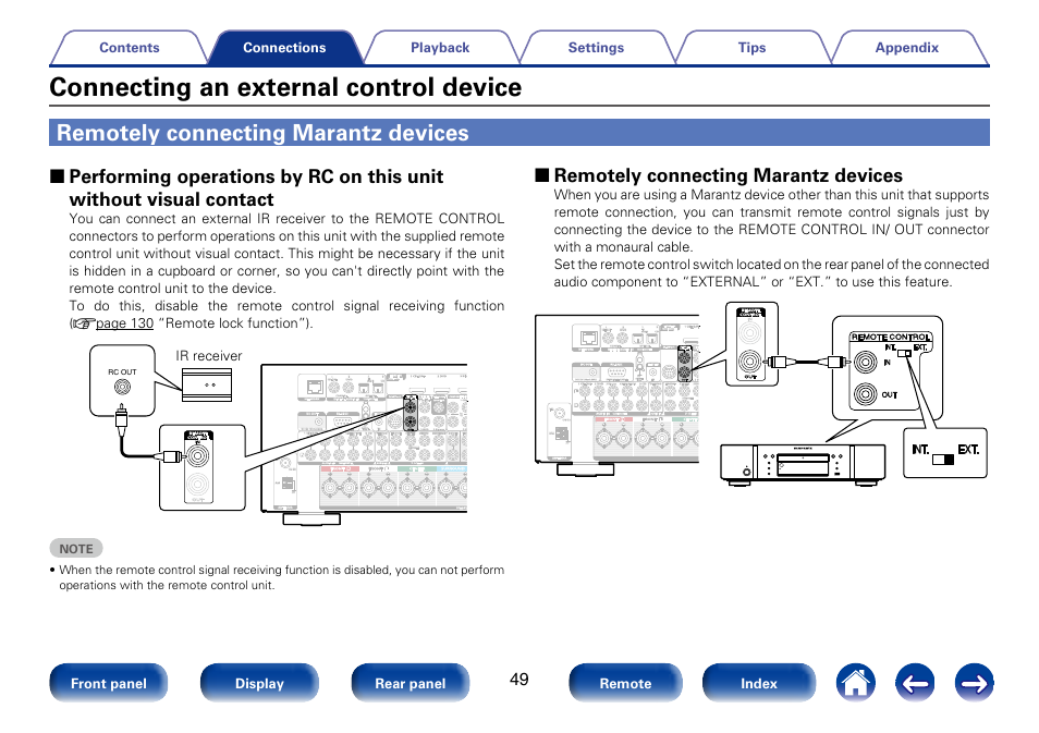 Connecting an external control device, Remotely connecting marantz devices, 2 remotely connecting marantz devices | Pb/ cb y 1 cbl/sat, Assignable), Signal gnd video in, Remote control, 1 cbl/sat, Ir receiver | Marantz SR6008 User Manual | Page 49 / 247