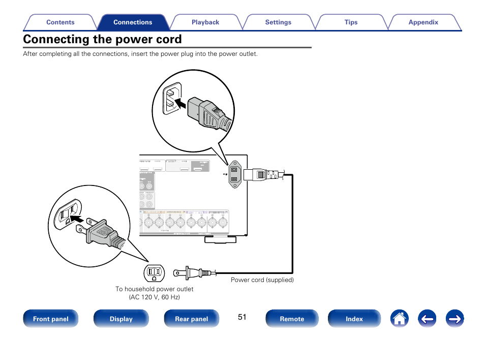 Connecting the power cord | Marantz SR6008 User Manual | Page 51 / 247