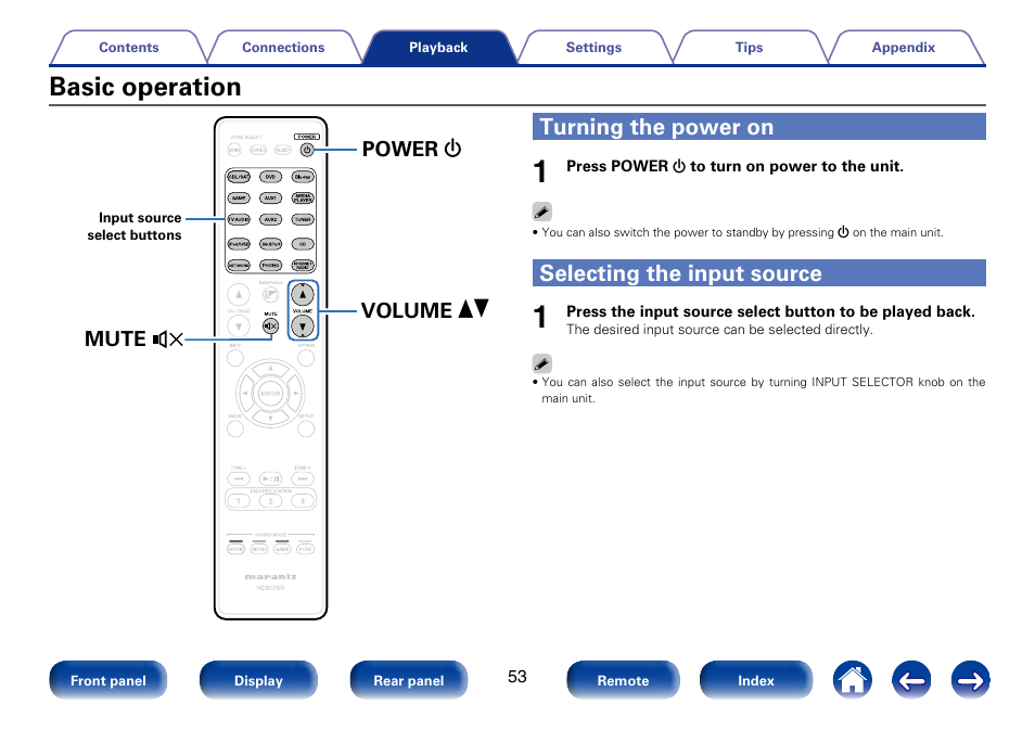 Basic operation, Turning the power on, Selecting the input source | Mute power volume x df | Marantz SR6008 User Manual | Page 53 / 247