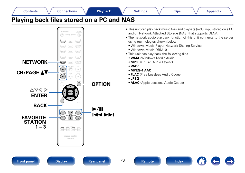 Playing back files stored on a pc and nas | Marantz SR6008 User Manual | Page 73 / 247