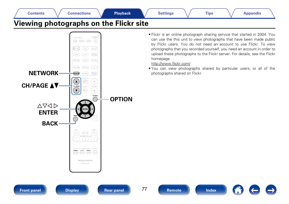 Viewing photographs on the flickr site, Uio p enter option network back ch/page df | Marantz SR6008 User Manual | Page 77 / 247