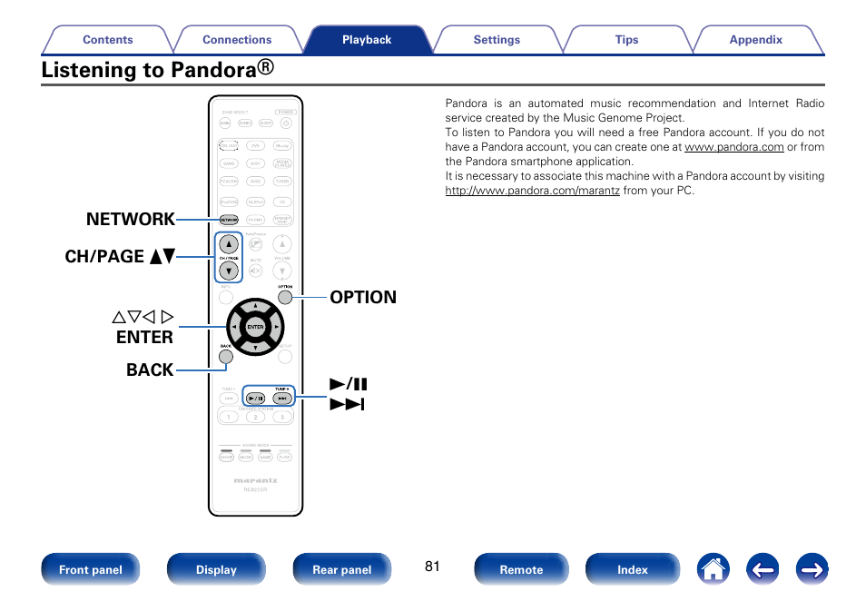 Listening to pandora, 1 / 3 9 uio p enter option network back ch/page df | Marantz SR6008 User Manual | Page 81 / 247