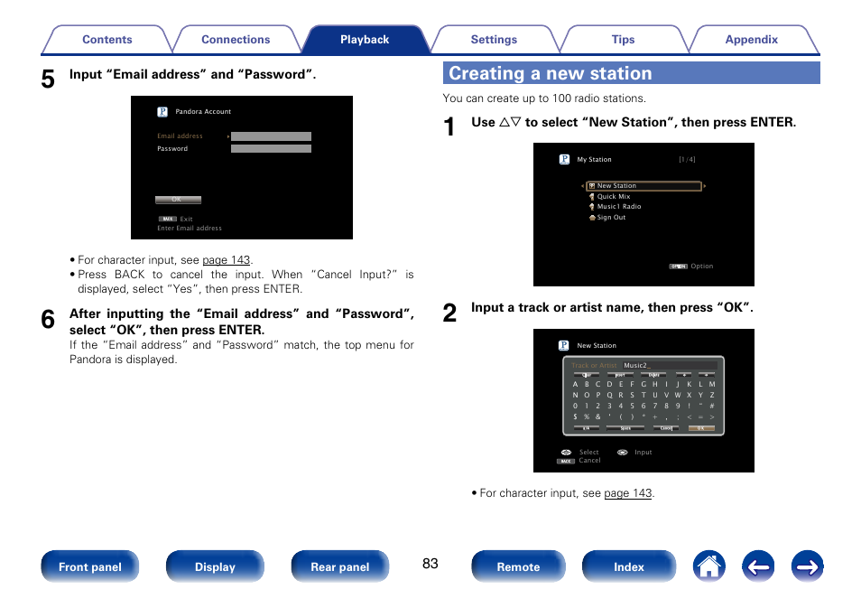 Creating a new station, Input “email address” and “password, Use ui to select “new station”, then press enter | Input a track or artist name, then press “ok | Marantz SR6008 User Manual | Page 83 / 247