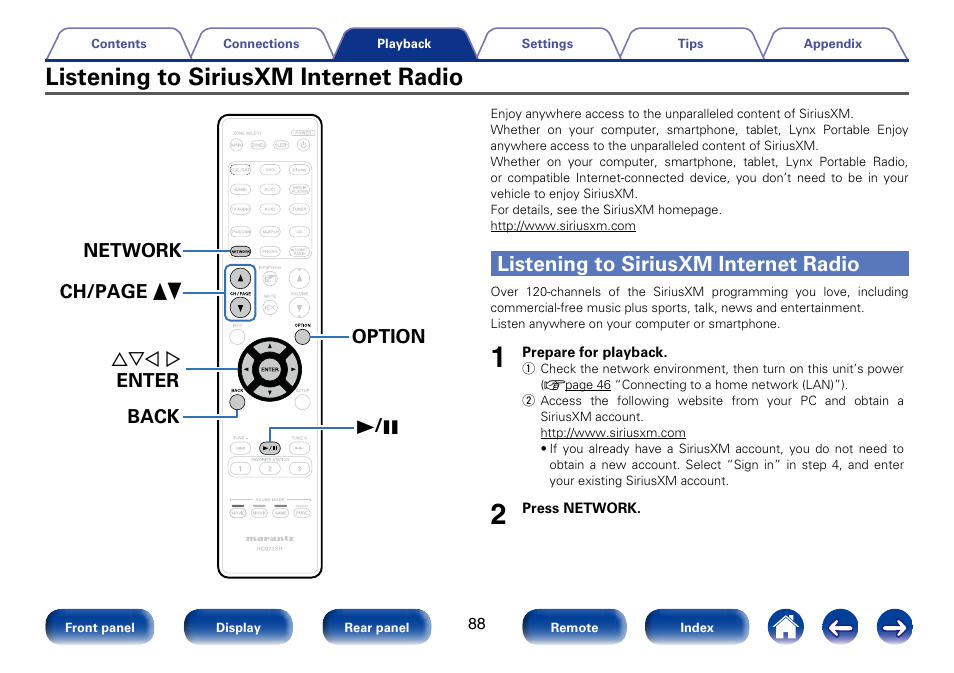 Listening to siriusxm internet radio, Uio p enter option network back ch/page df 1 / 3 | Marantz SR6008 User Manual | Page 88 / 247