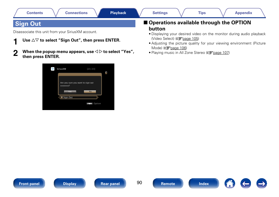 Sign out, 2 operations available through the option button | Marantz SR6008 User Manual | Page 90 / 247