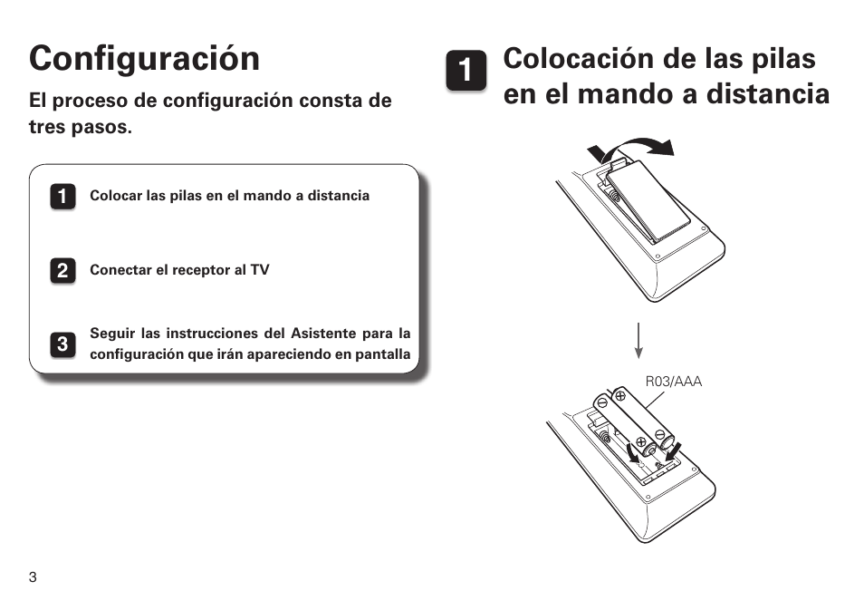 Configuración, Colocación de las pilas en el mando a distancia | Marantz SR6008 Getting Started User Manual | Page 4 / 10